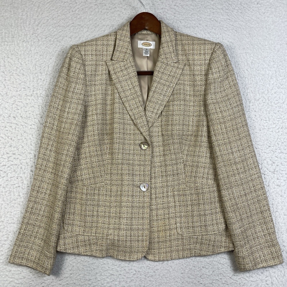 Talbots Jacket Womens 10 Beige Tweed Two Button Blazer Mature Career Casual